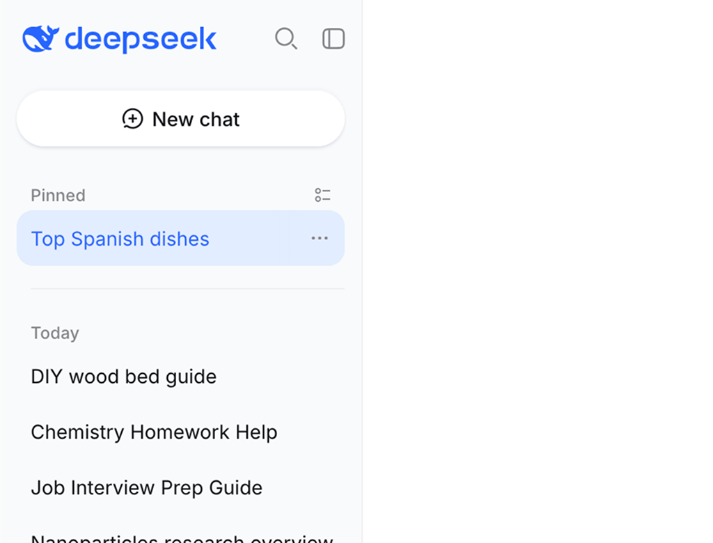 Pas de dossiers DeepSeek dans la barre latérale native : une option d'épinglage et une liste chronologique unique, mais rien qui regroupe vos chats